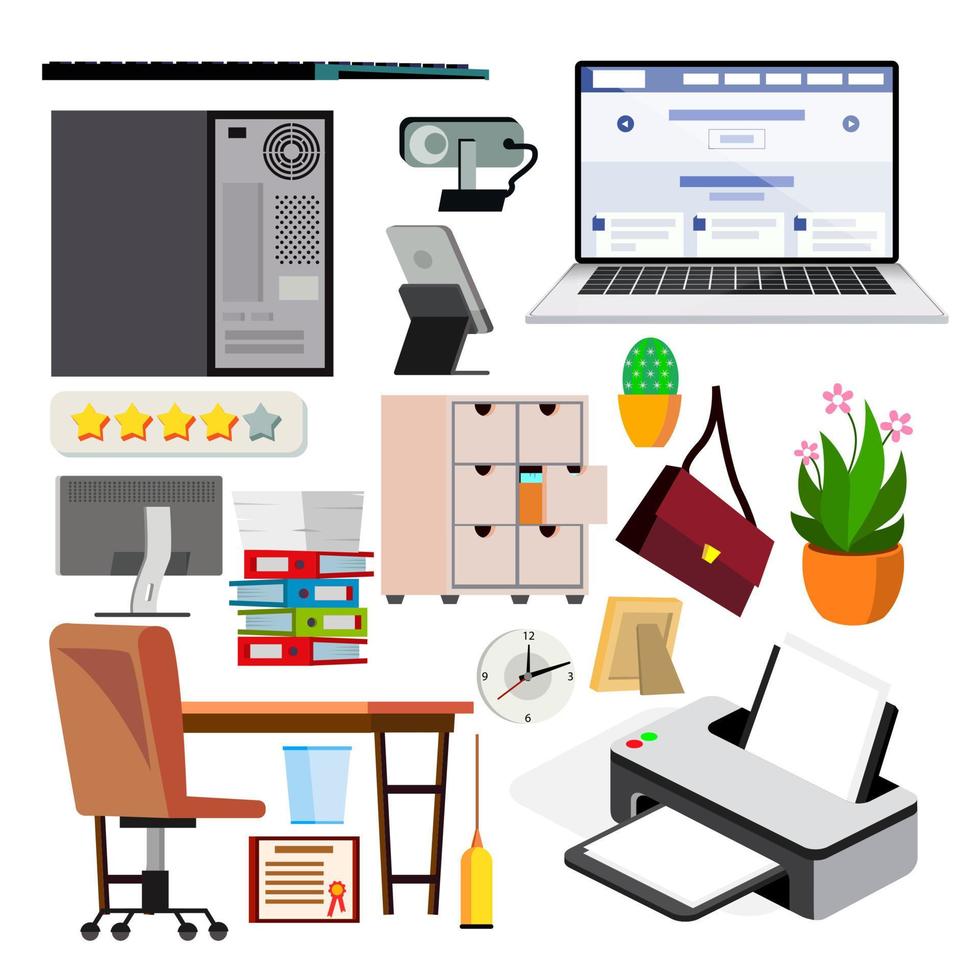 Office Equipment Set Vector. Computer, Laptop, Monitor. Icons. Business Workspace. Hardware And Gadgets. Elements. Isolated Flat Illustration vector