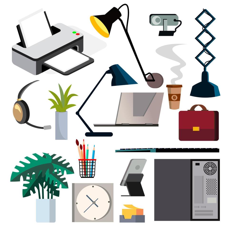 Office Equipment Set Vector. PC, Smartphone, Printer. Icons. Business Workplace. Stationery. Office Things. Isolated Flat Illustration vector