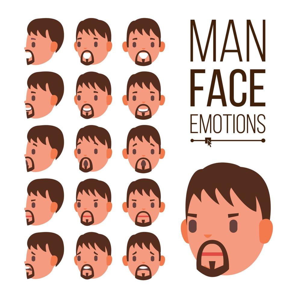 Man Emotions Vector. Young Male Face Portraits. Sport Hockey Helmet. Sadness, Anger, Rage, Surprise, Shock. Isolated Flat Cartoon Illustration vector