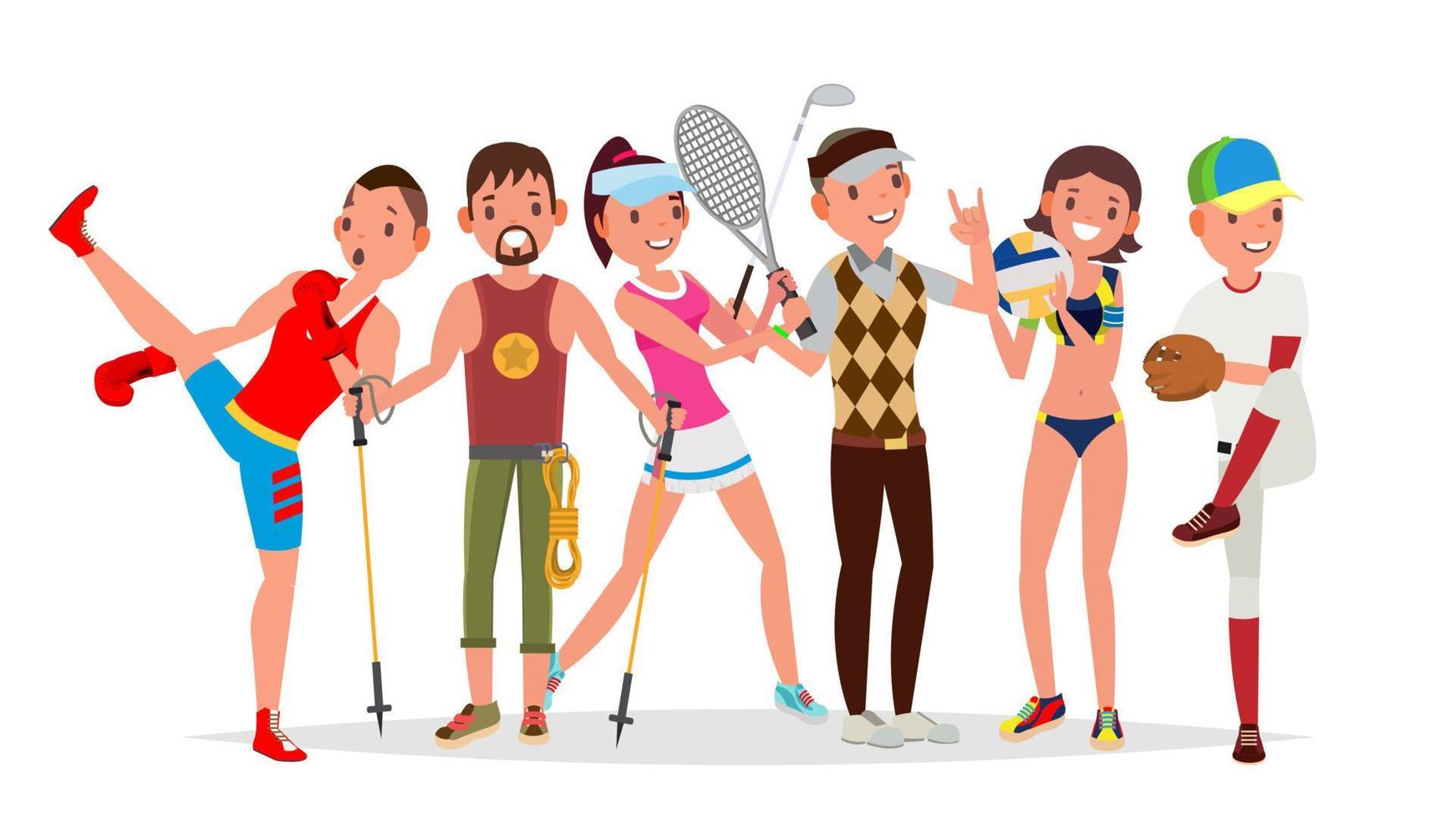 Summer Sports Vector. Set Of Players In Boxing, Hiking, Basketball, Volleyball, Golf, Baseball. Isolated Flat Cartoon Illustration vector