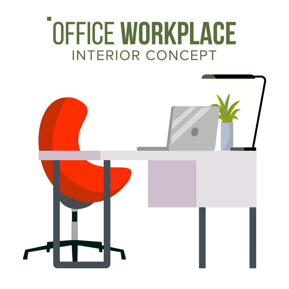vector de concepto de lugar de trabajo de oficina. lugar de trabajo de muebles para jefe. desarrollador interior de estudio creativo. ordenador portátil. ilustración de escritorio de oficina.