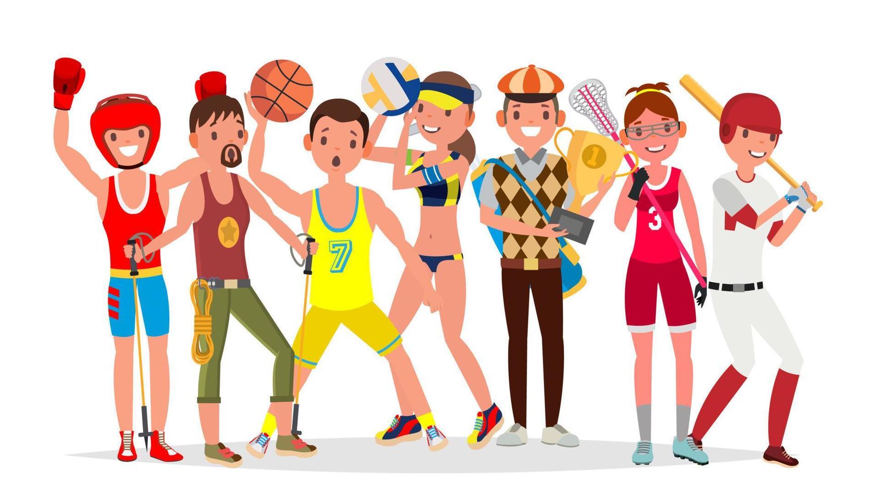 vector de deportes de verano. conjunto de jugadores de boxeo, senderismo, baloncesto, voleibol, golf, lacrosse, béisbol. aislado en la ilustración de dibujos animados plana de fondo blanco