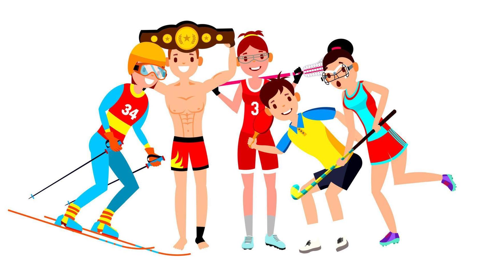 atleta establece vector. hombre mujer. esquí, boxeo, lacrosse, tenis de mesa, hockey sobre hierba. grupo de deportistas en uniforme, ropa. personaje deportista en la acción del juego. ilustración de dibujos animados plana vector