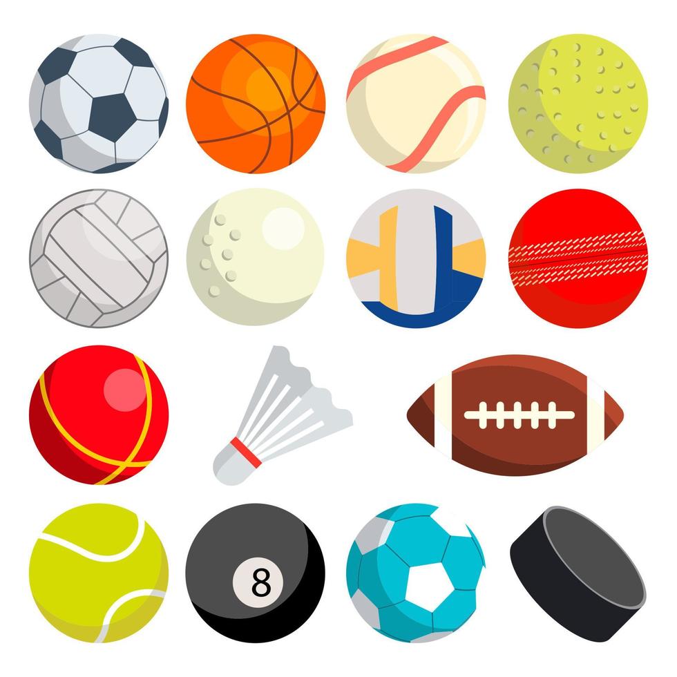 vector de juego de pelotas deportivas. equipamiento deportivo redondo. juego de bolas clasico. iconos de juegos fútbol, rugby, béisbol, baloncesto, tenis, puck, voleibol. ilustración aislada