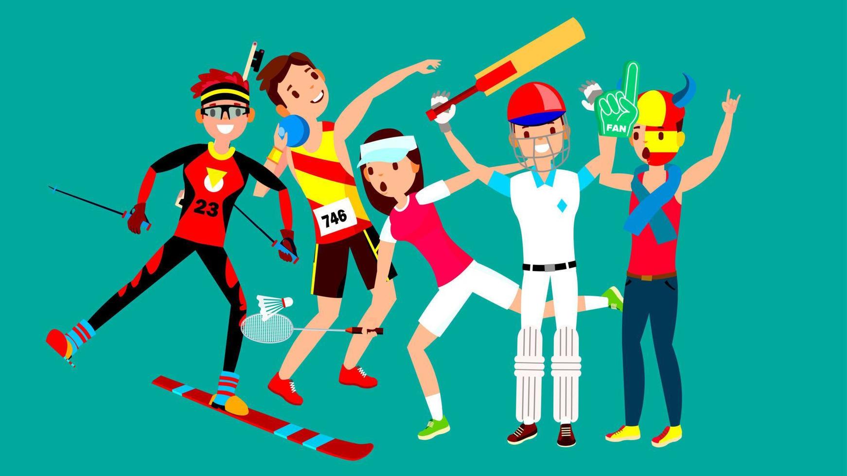 atleta establece vector. hombre mujer. esquí, atletismo, tenis, béisbol, aficionado. grupo de deportistas en uniforme, ropa. personaje deportista en la acción del juego. ilustración de dibujos animados plana vector