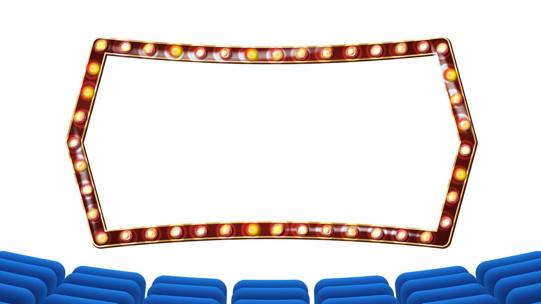 Retro Cinema Vector. Theater Curtain, Frame Light Bulbs. Blue Silk Textile. Shining Retro Light Banner. Gold Frame. Realistic Vintage Illustration vector