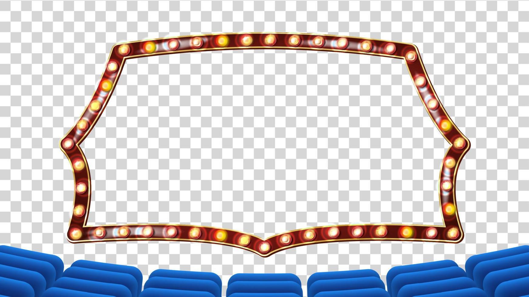 Blue Theater Curtain With Light Frame Vector. Blue Background And Light Bulbs Frame. Realistic Retro cinema Design Board. Marquee Banner. Place For Text. Illustration vector