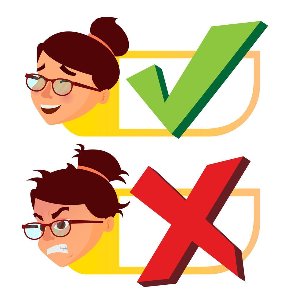 Yes And Now Sign Vector. Woman Face With Emotions. Approval And Disapproval. Right And Wrong Check Box. Isolated Flat Cartoon Illustration vector