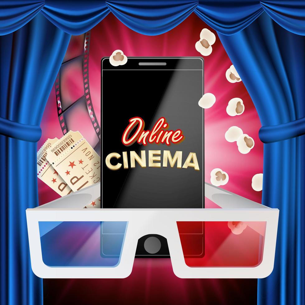 Online Cinema Banner Vector. Realistic Smart Phone. Template For Placard, Promotion Material. Blue Curtain. Theater. Online Cinema Background. Luxury Banner Illustration. vector