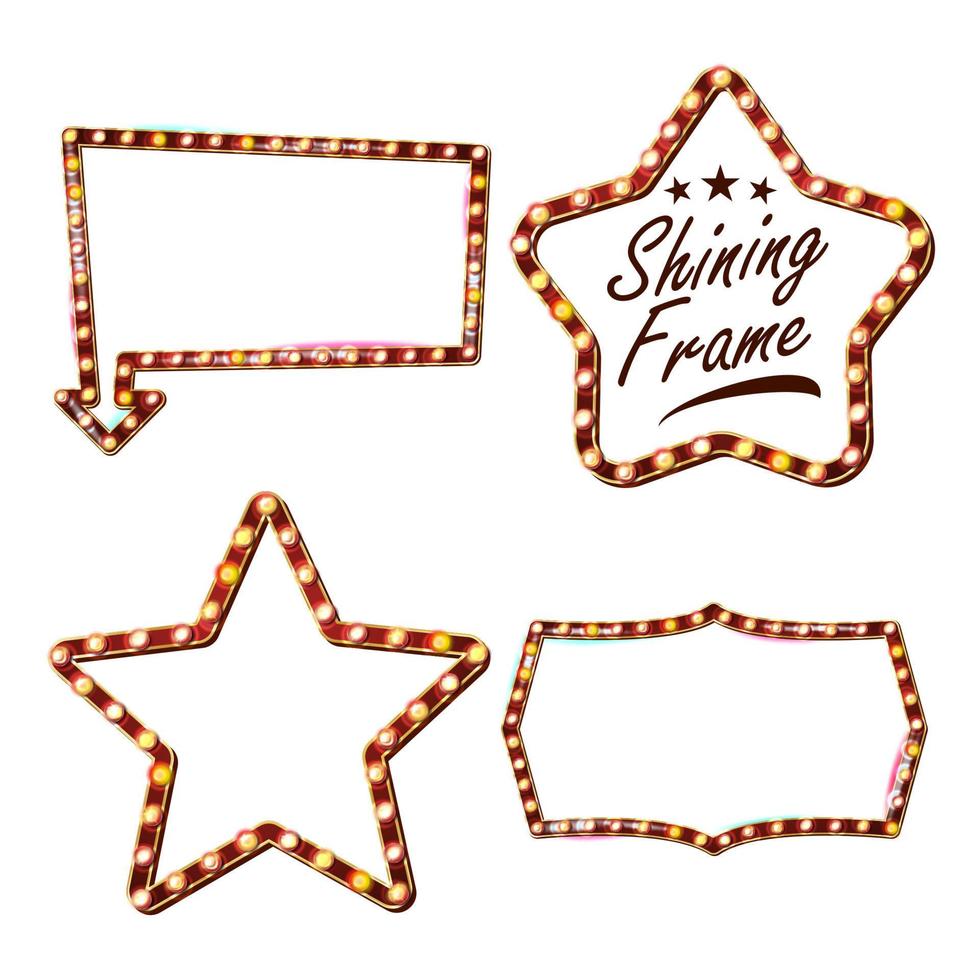 Star Set Billboard Vector. Shining Star Sign Board. Vintage Golden Illuminated Neon Light. Carnival, Circus, Casino Style. Isolated On White Illustration vector