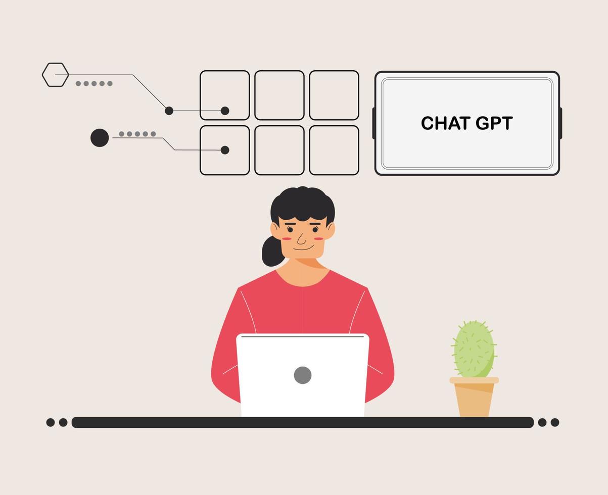 chat gpt mujer persona uso portátil digital. Las chicas buscan chat gpt ai, openai, bot inteligente, lugar de trabajo, antecedentes tecnológicos. ilustración vectorial para inteligencia artificial, infografía, banner web. vector