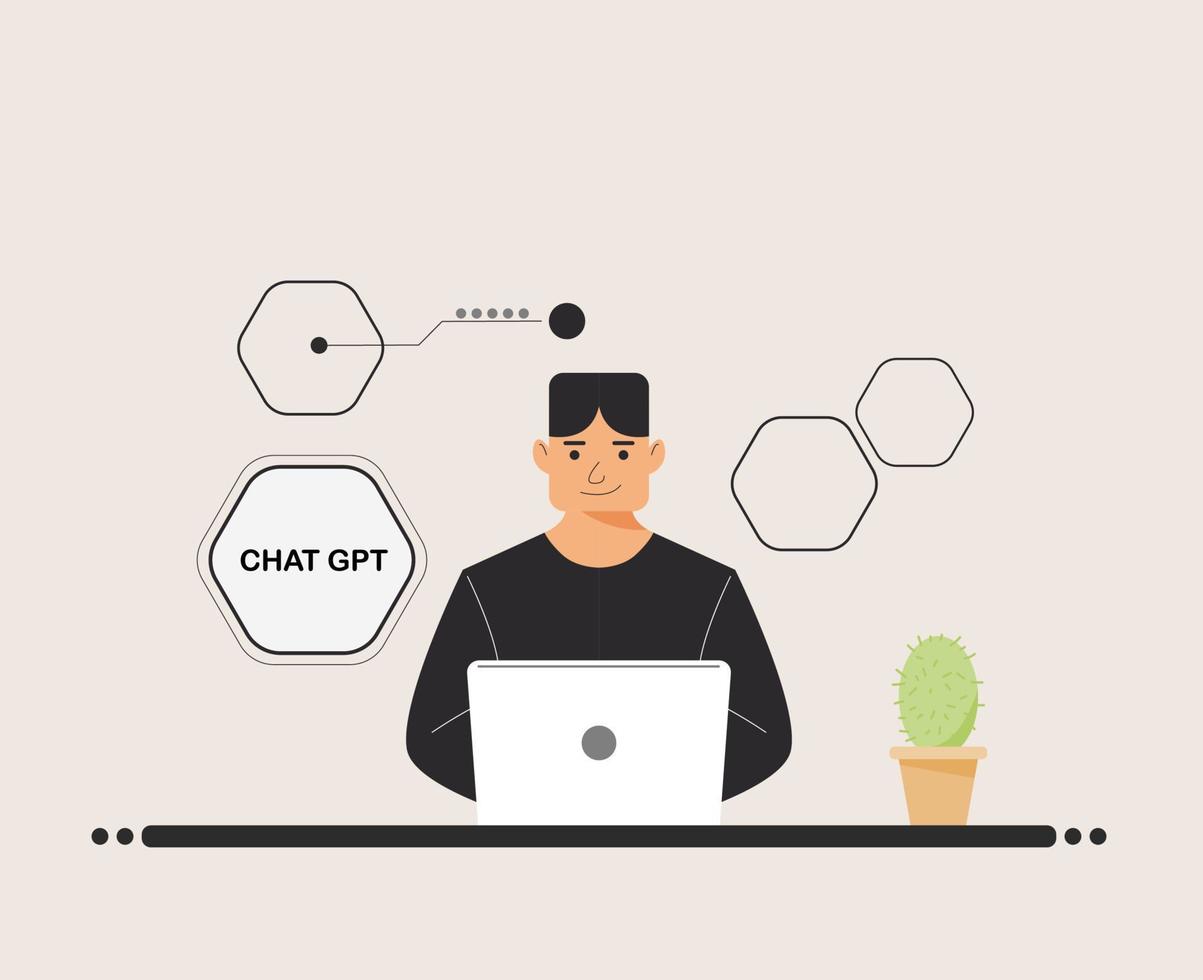 chat GPT men person use laptop digital. boy people search chat GPT AI, openAI, smart bot, workplace, technology background. vector illustration for artificial intelligence, infographics, web banner.