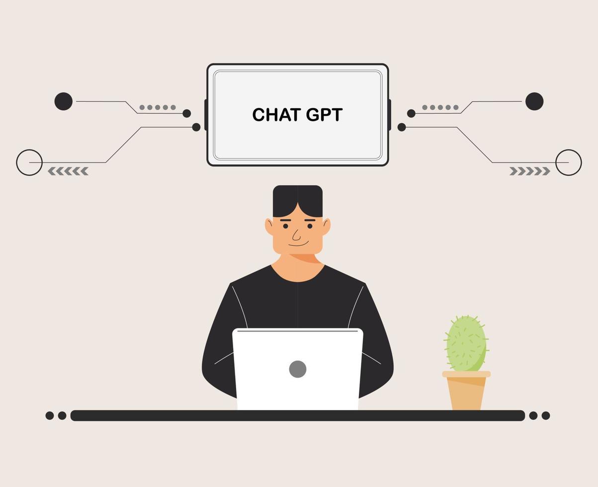 chatear gpt hombres persona usar laptop digital. los chicos buscan chat gpt ai, openai, bot inteligente, lugar de trabajo, antecedentes tecnológicos. ilustración vectorial para inteligencia artificial, infografía, banner web. vector