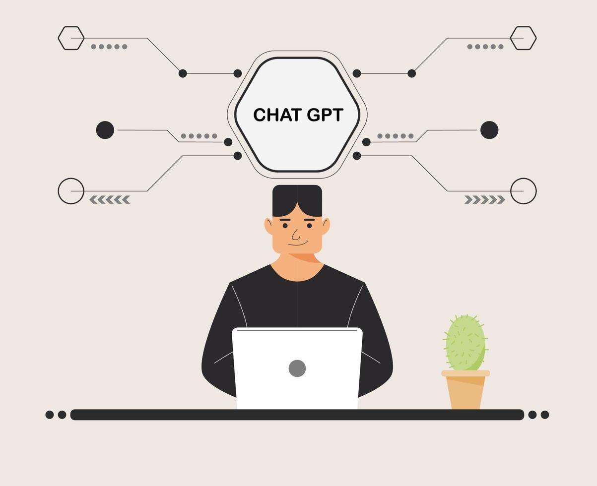 chat GPT men person use laptop digital. boy people search chat GPT AI, openAI, smart bot, workplace, technology background. vector illustration for artificial intelligence, infographics, web banner.