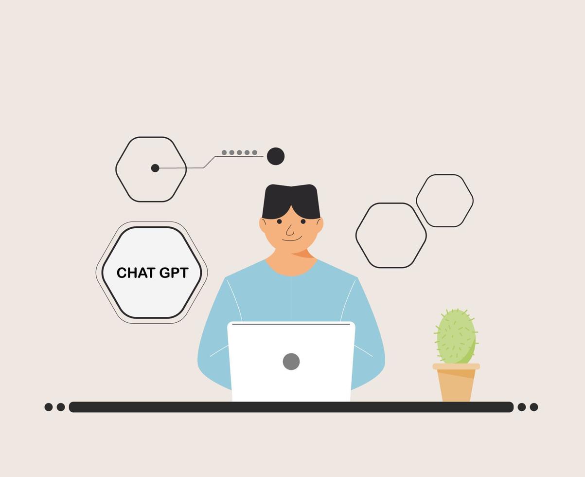 chat GPT men person use laptop digital. boy people search chat GPT AI, openAI, smart bot, workplace, technology background. vector illustration for artificial intelligence, infographics, web banner.