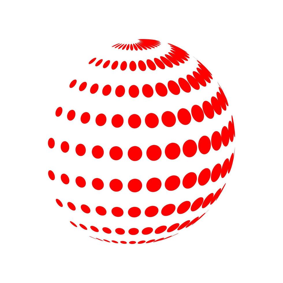 Vector de símbolo de logotipo de globo de medio tono rojo 3d. Icono de esfera de puntos de medio tono de forma de tierra abstracta.