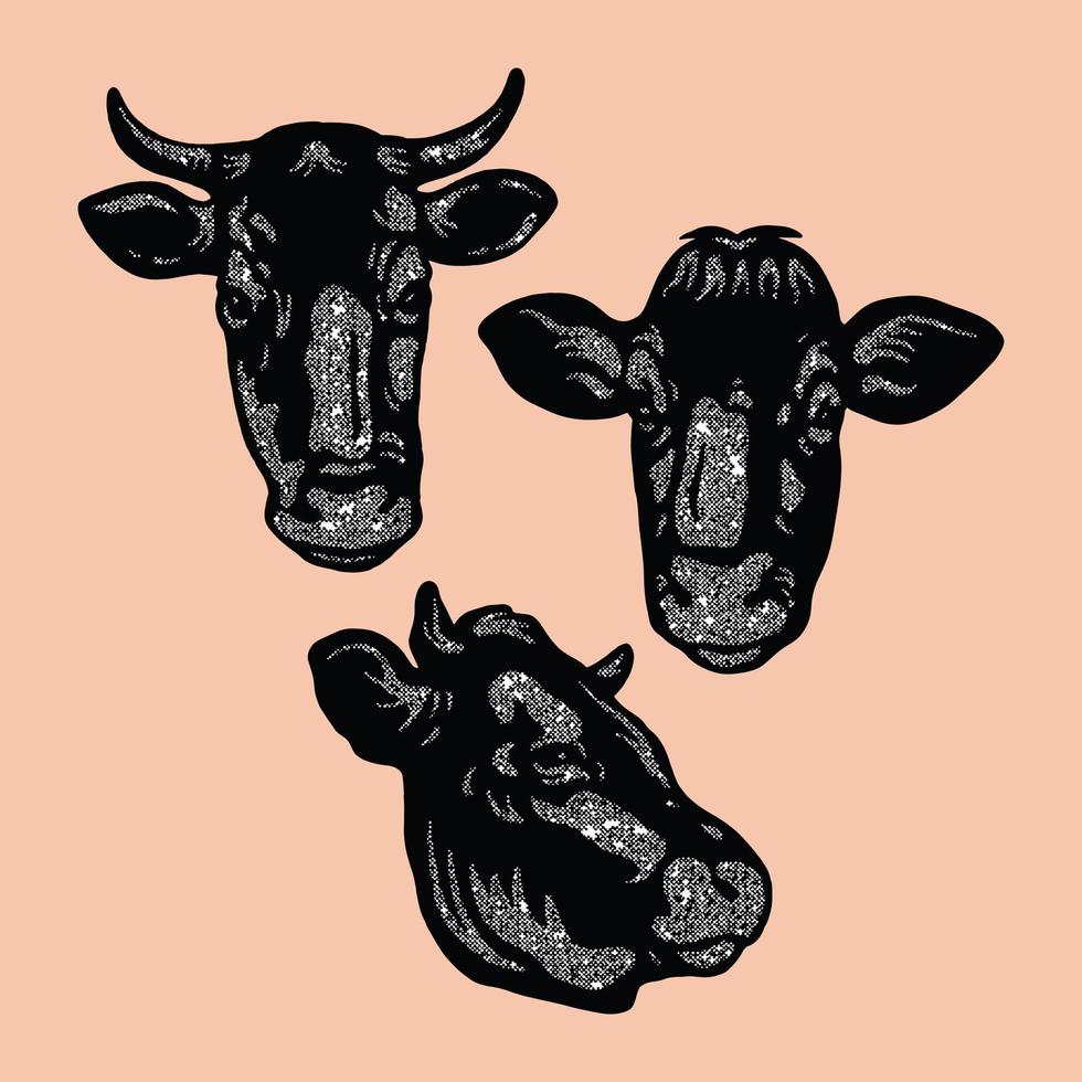 hand-drawn collection of close-up cow heads vector