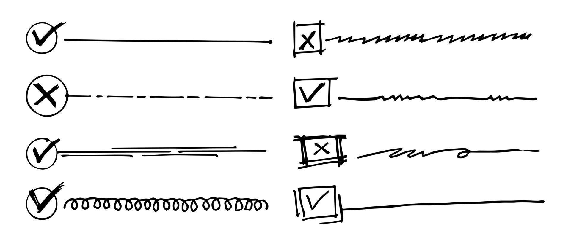 colección de comprobación de contorno vectorial aislado para hacer listas, marcas de verificación y casillas de verificación en doodle vector