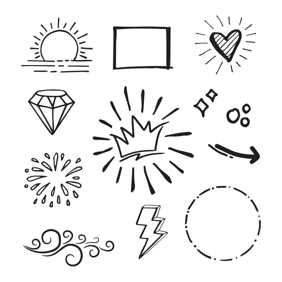 Vector set of Doodle elements, love, sun, arrow, wind, crown and others, for concept design.