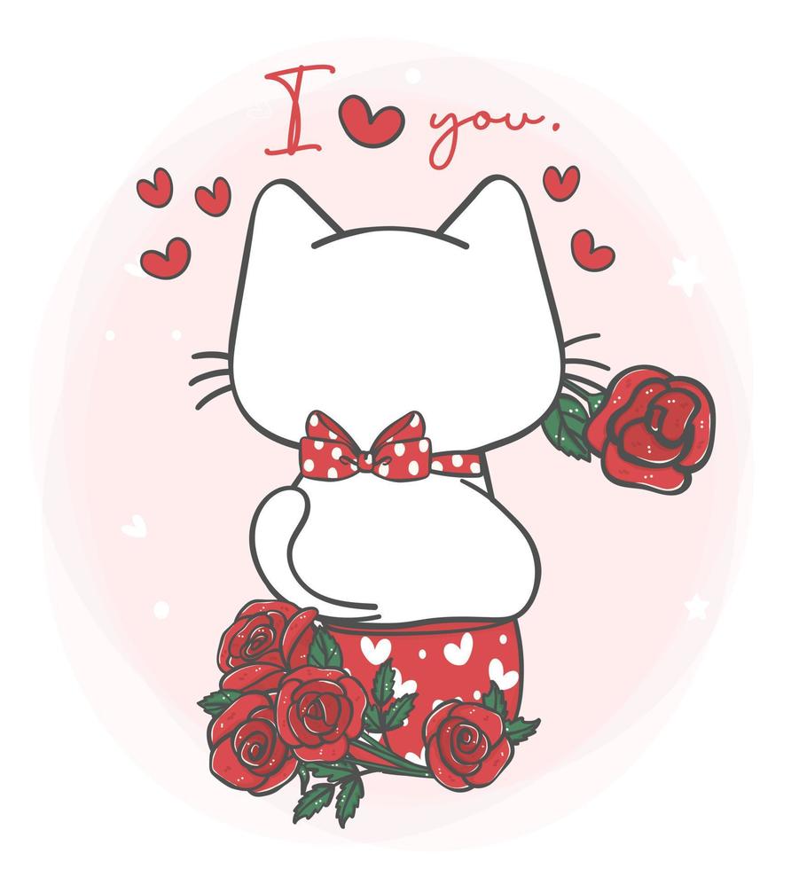 kawaii happy Valentine white kitten cat in mug with rose flowers