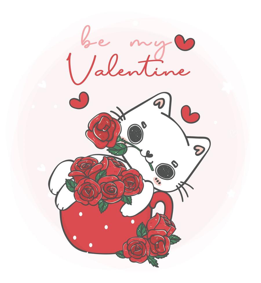 cute kawaii white cat with bouquet of roses flowers in red mug, be my Valentine, pet animal cartoon character hand drawing illustration vector