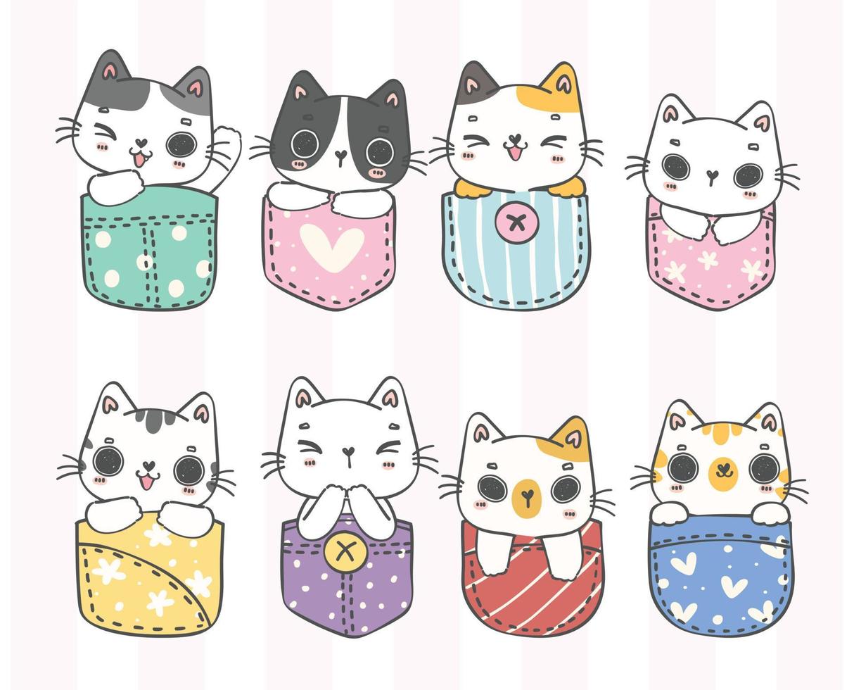 Cute kitten cat in t shirt pocket pet animal cartoon doodle hand drawing collection vector