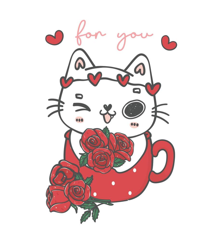 lindo gato blanco kawaii da flores de rosas de boquet en una taza roja, para ti, mascota animal caricatura personaje mano dibujo ilustración vector