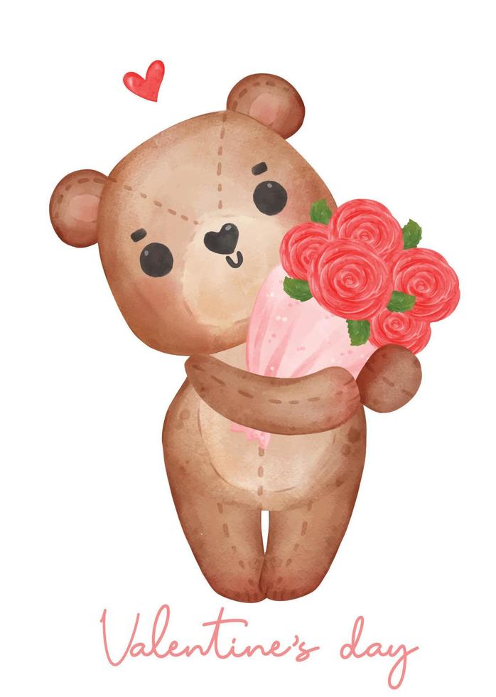 cute Happy Valentine brown teddy bear hug bunch of roses flower, adorable cartoon watercolor hand drawn vector illustration