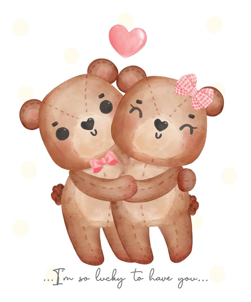 cute couple brown teddy bears, boy and girl hug each other, Happy Valentine, adorable cartoon watercolor hand drawn vector illustration