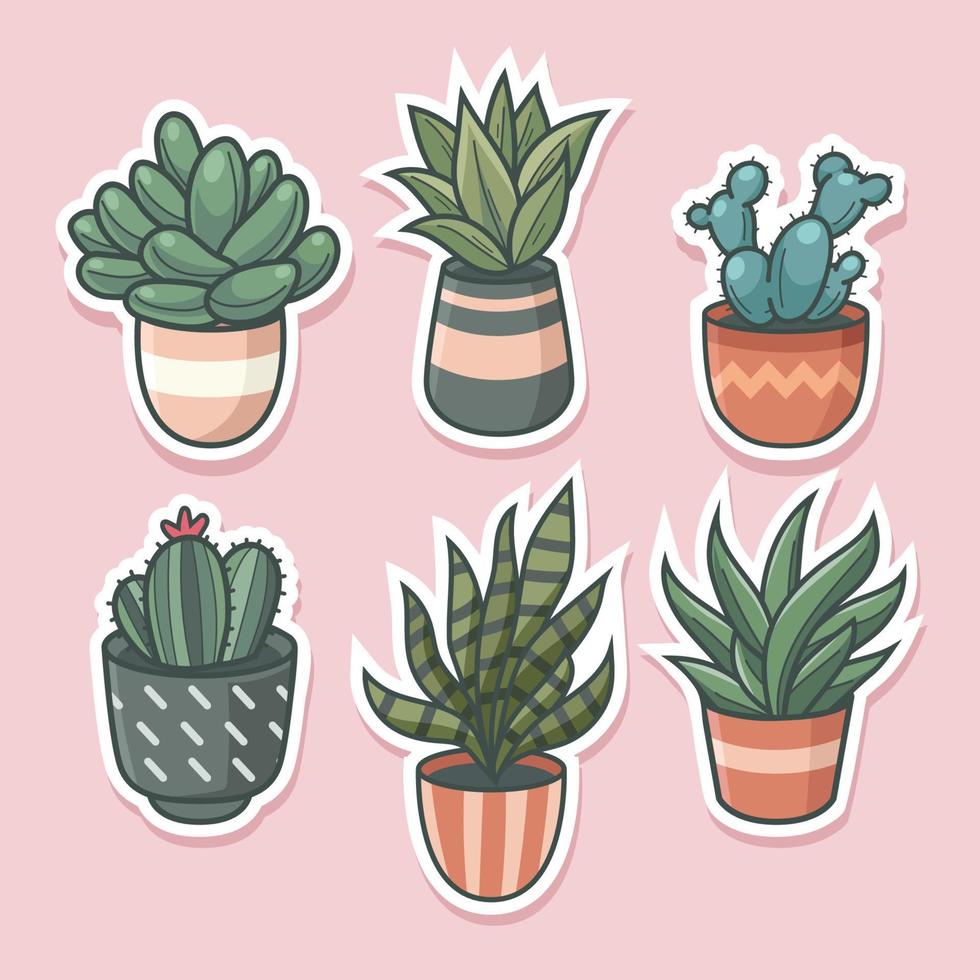 Set of Cactus And Succulents Cartoon Sticker vector