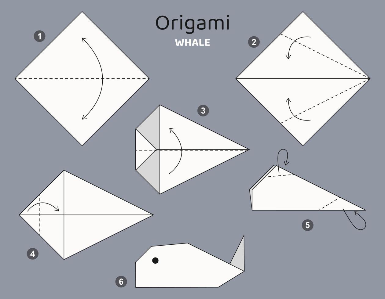 Tutorial Whale origami scheme. isolated origami elements on grey backdrop. Origami for kids. Step by step how to make origami Fish. Vector illustration.