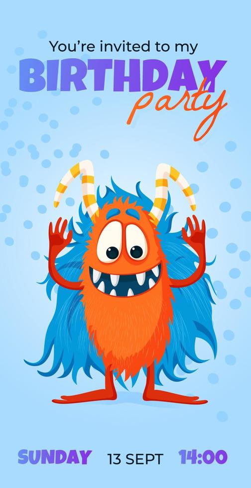 invitation card to Birthday party template with cute cartoon Monster. Invitation for kids. Vector illustration