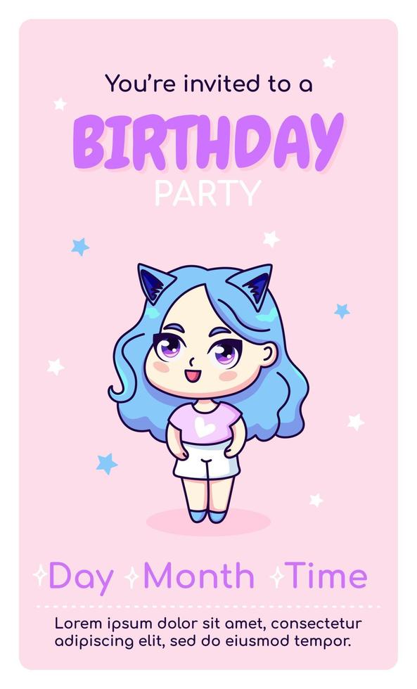 tarjeta de invitación vertical de feliz cumpleaños con dibujos animados kawaii anime girl. ilustración vectorial para celebrar la fecha de nacimiento. diseño web o de impresión. vector