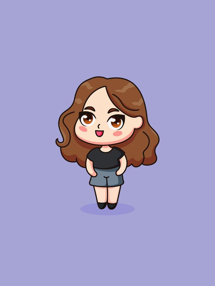 Cute chibi girl. Manga character style. Vector illustration. isolated anime girl in casual clothes on backdrop.