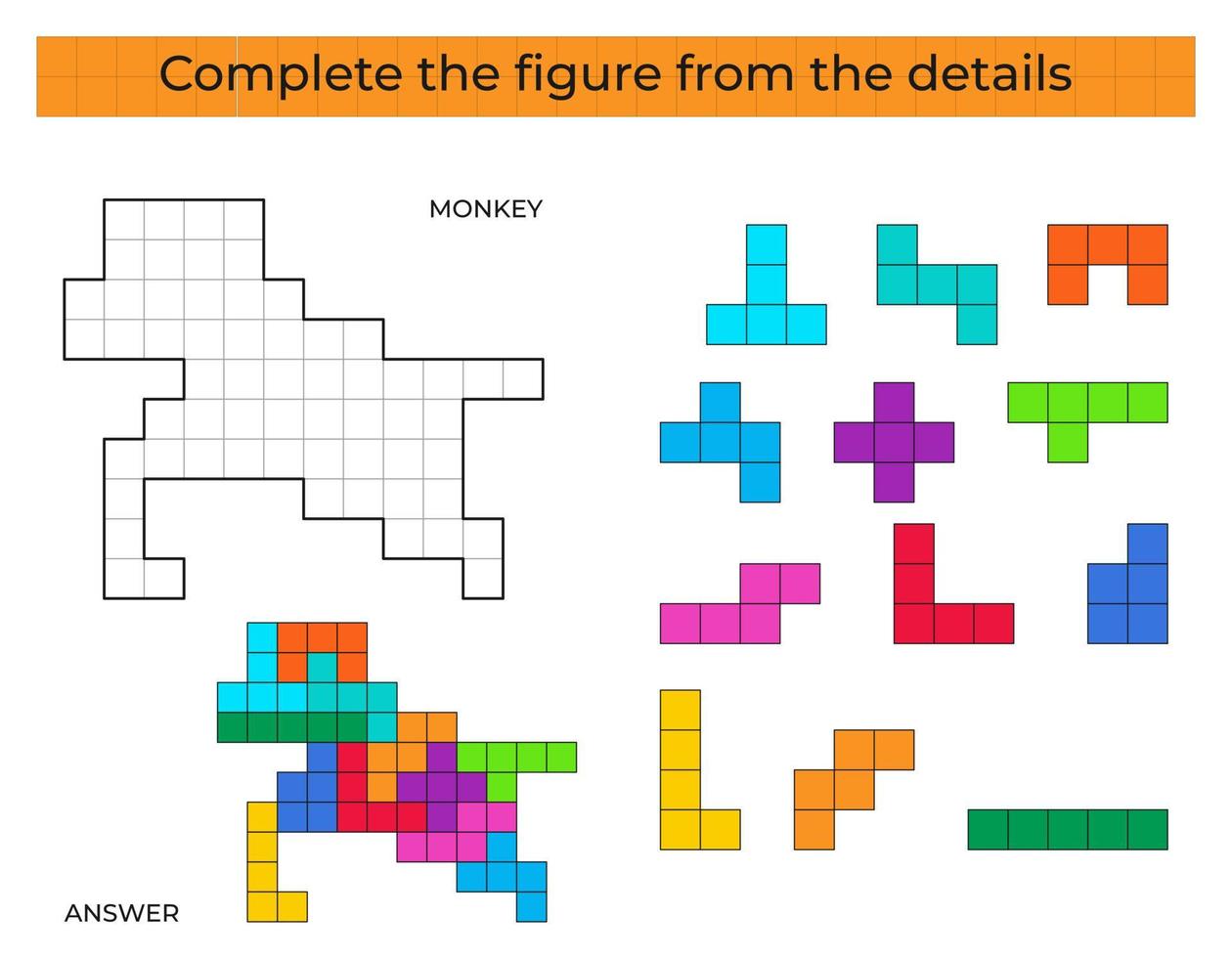 Puzzle game with Monkey. Colorful details for children. Complete figure. Education game for kids, preschool worksheet activity. Puzzle game. Vector illustration.