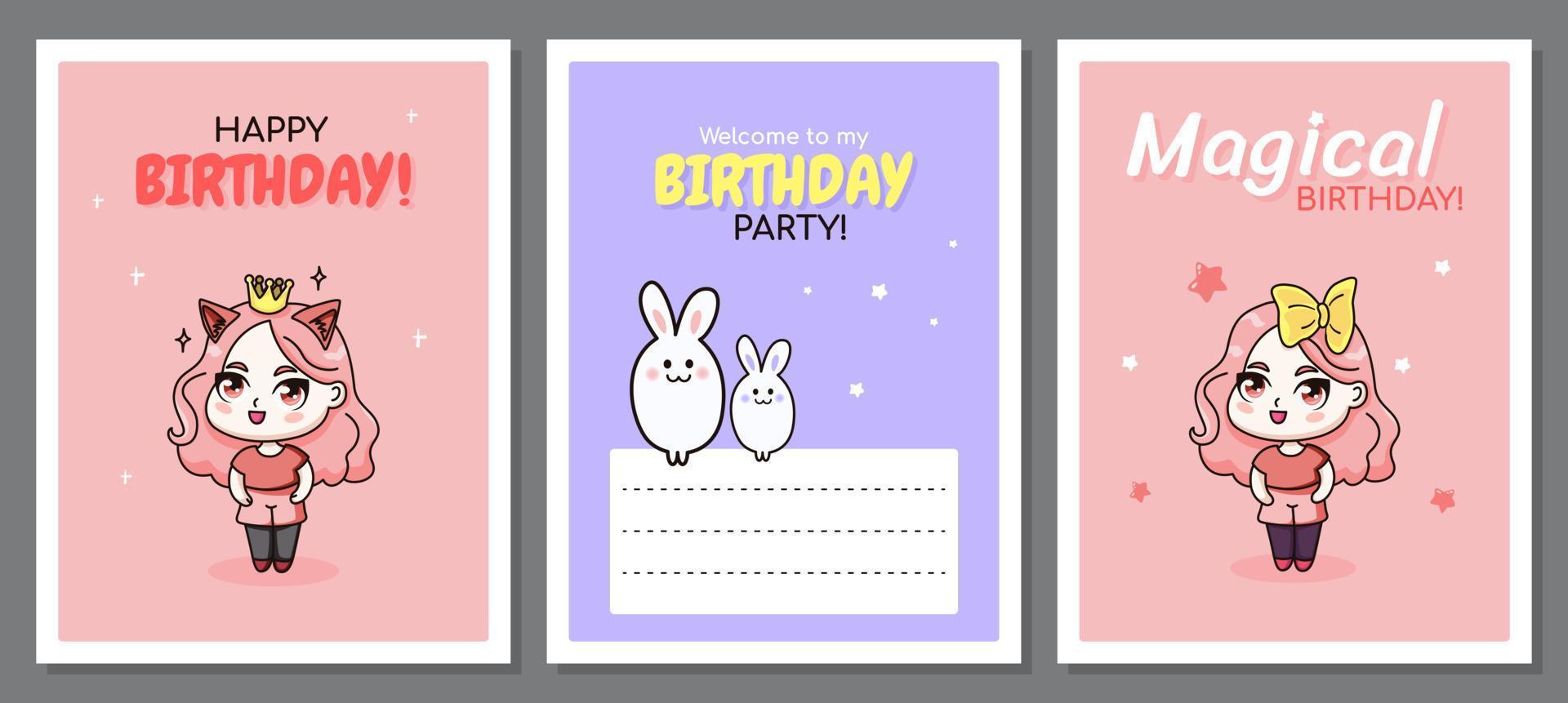 Set of happy birthday greeting cards with chibi girls and bunnies. Greeting cards in manga style for kids. Vector illustration