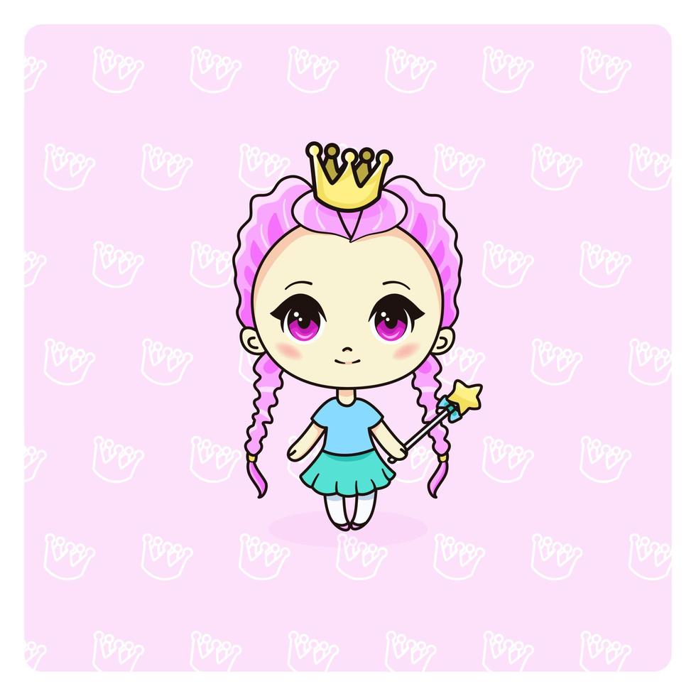 linda y kawaii princesa niña. felizmente manga chibi girl con corona. ilustración vectorial todos los objetos están aislados. arte para grabados, portadas, carteles y cualquier uso. vector