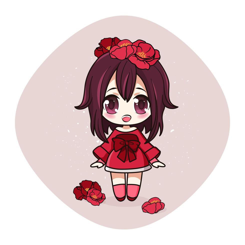 Cute and kawaii girl in dress with poppies. Happily manga chibi girl with red flowers. Vector Illustration. All objects are isolated. Art for prints, covers, posters and any use.