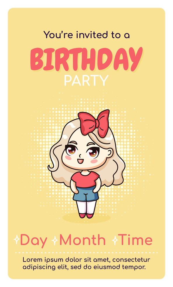 Happy birthday vertical invitation card with cartoon kawaii anime girl. Vector illustration for celebrating date birth. Web or print design.