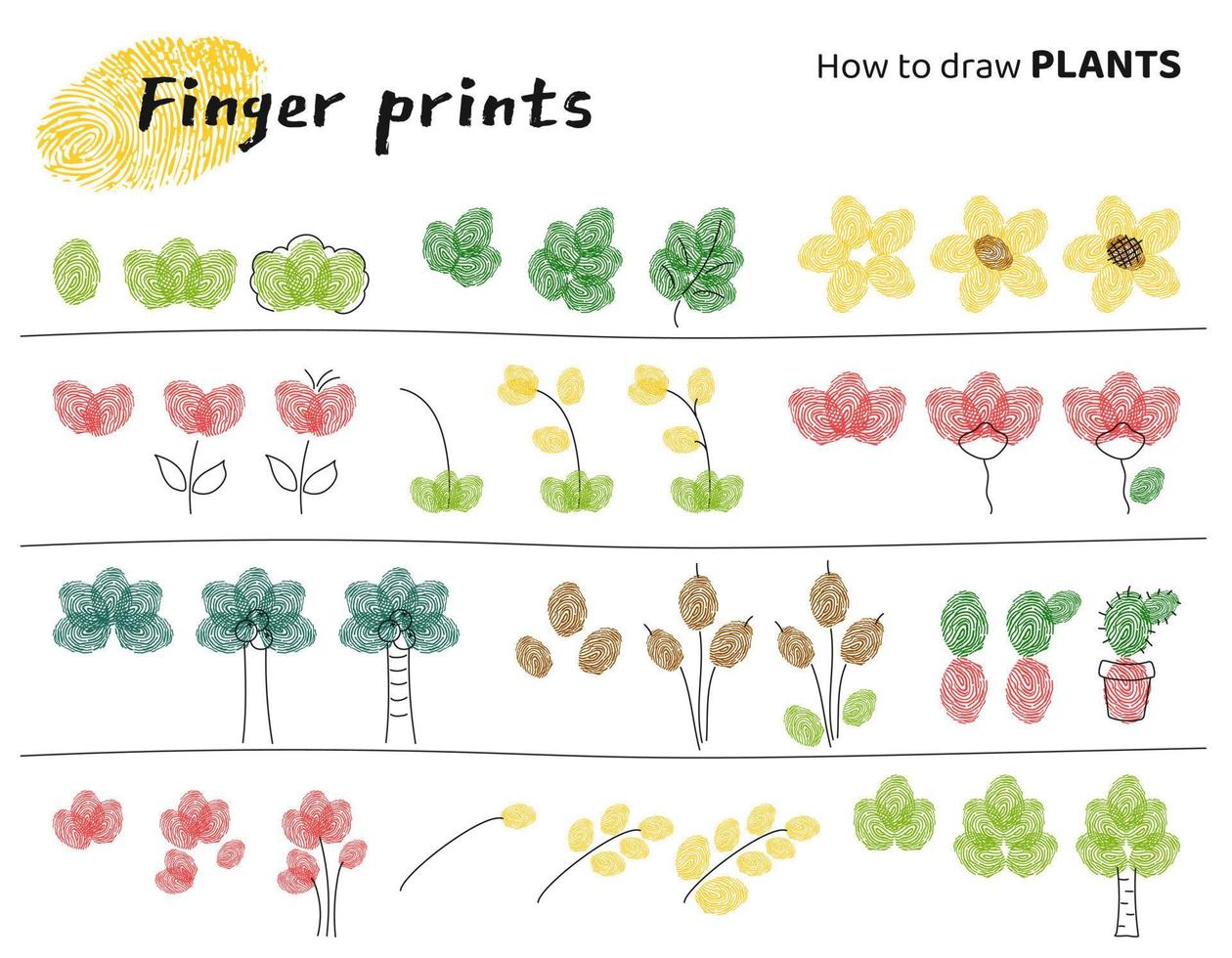 Finger prints art. Education tasks for kids how to make different Plants. Vector illustration. isolated elements.