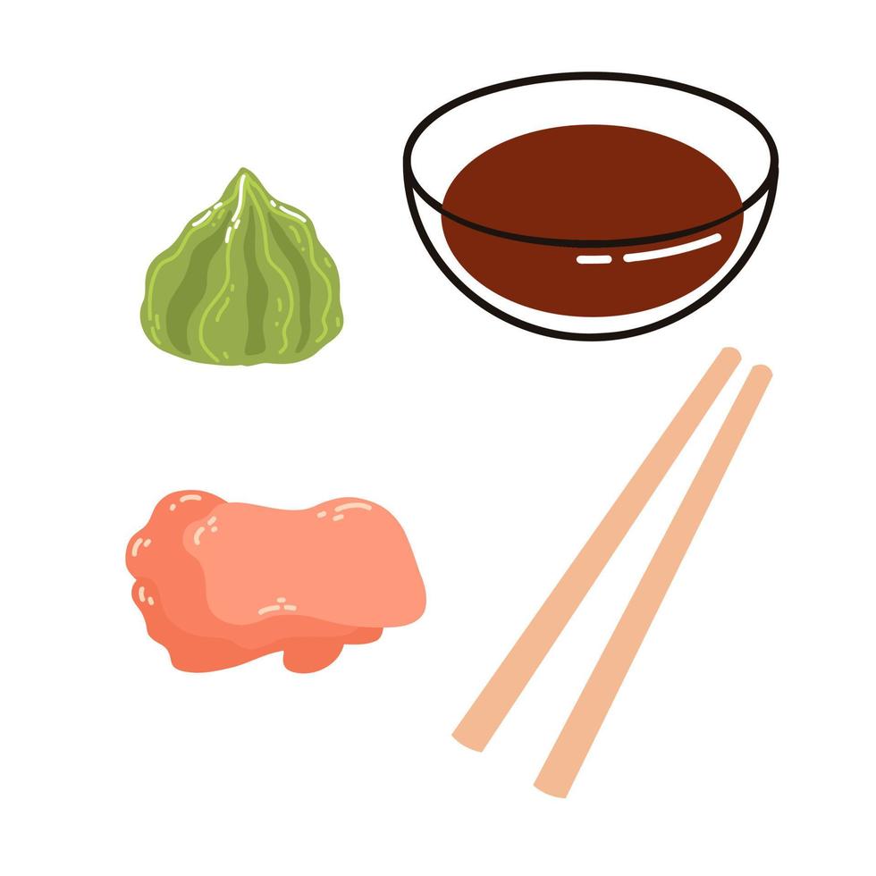 Ingredients for sushi in cartoon flat style. Hand drawn vector illustration of ginger, wasabi, soy sauce, chopsticks.