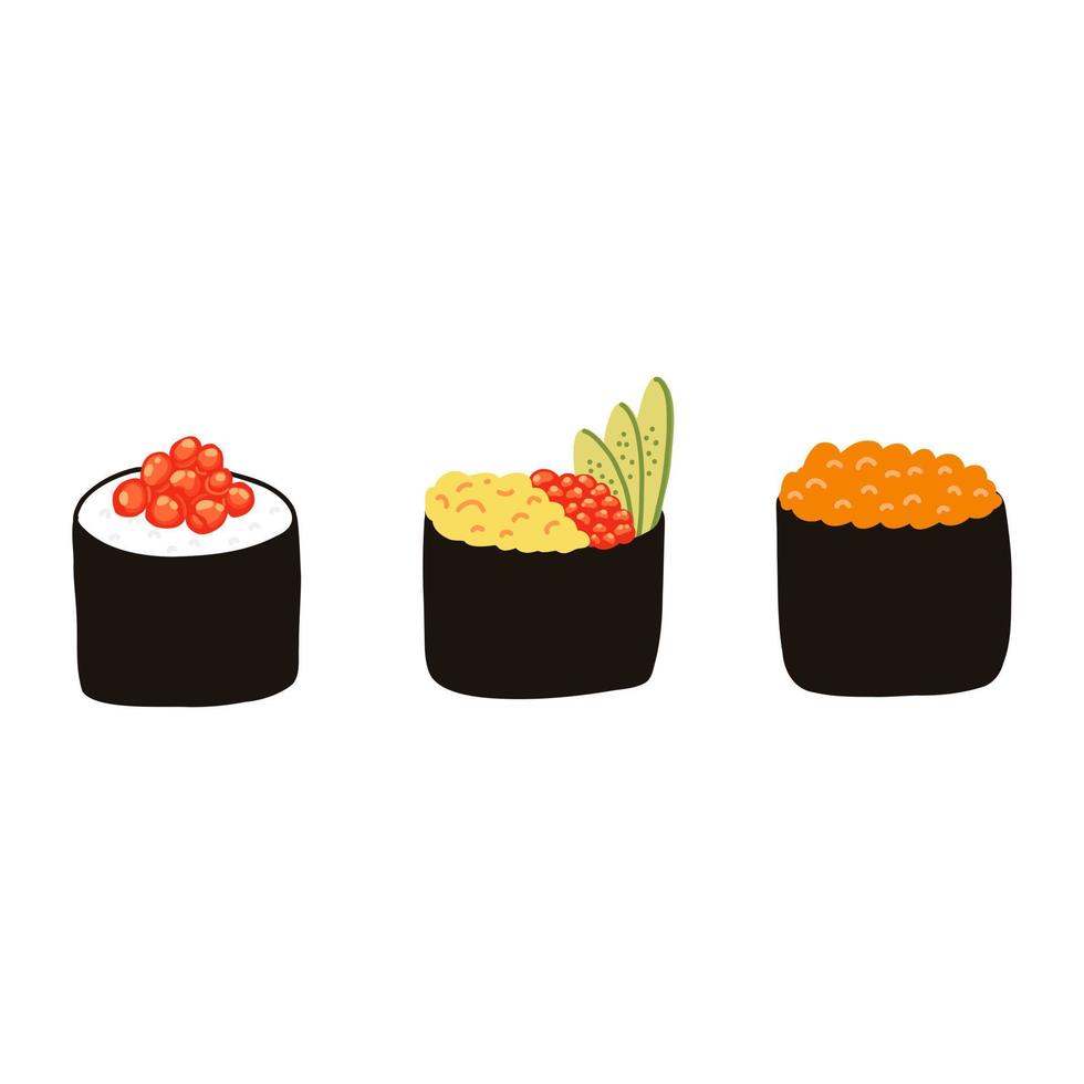 Gunkan sushi set with red caviar in cartoon flat style. Hand drawn Japanese traditional cuisine. vector