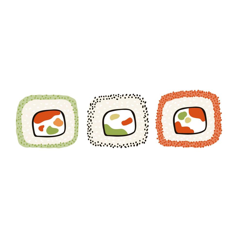 sushi uramaki en estilo plano de dibujos animados. cocina tradicional japonesa dibujada a mano. vector