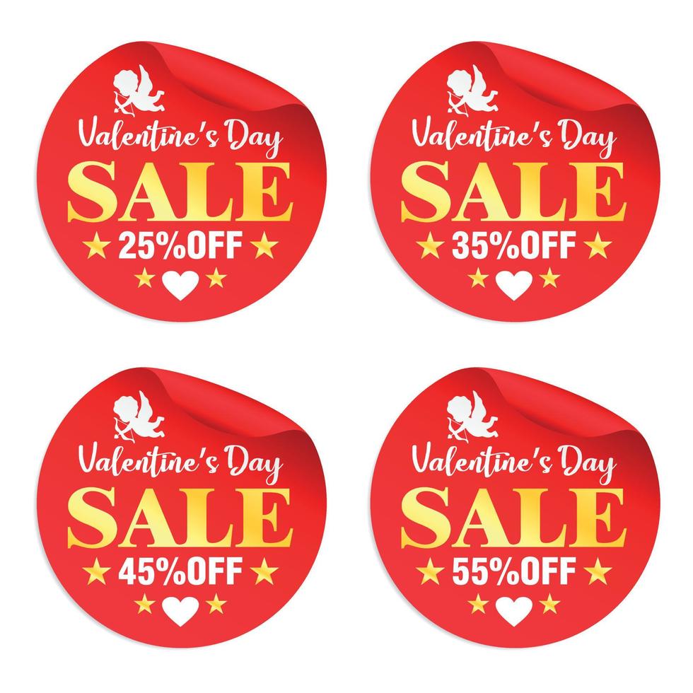 Valentines day sale red stickers set 25, 35, 45, 55 percent off discount vector