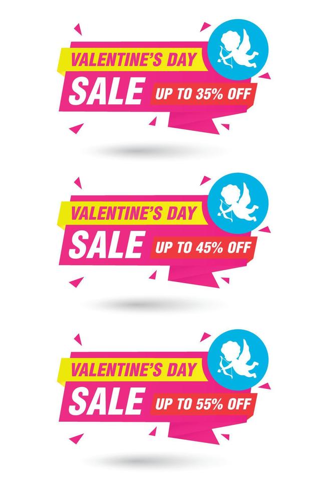 Valentines day sale origami labels set. Sale 35, 45, 55 percent off discount vector