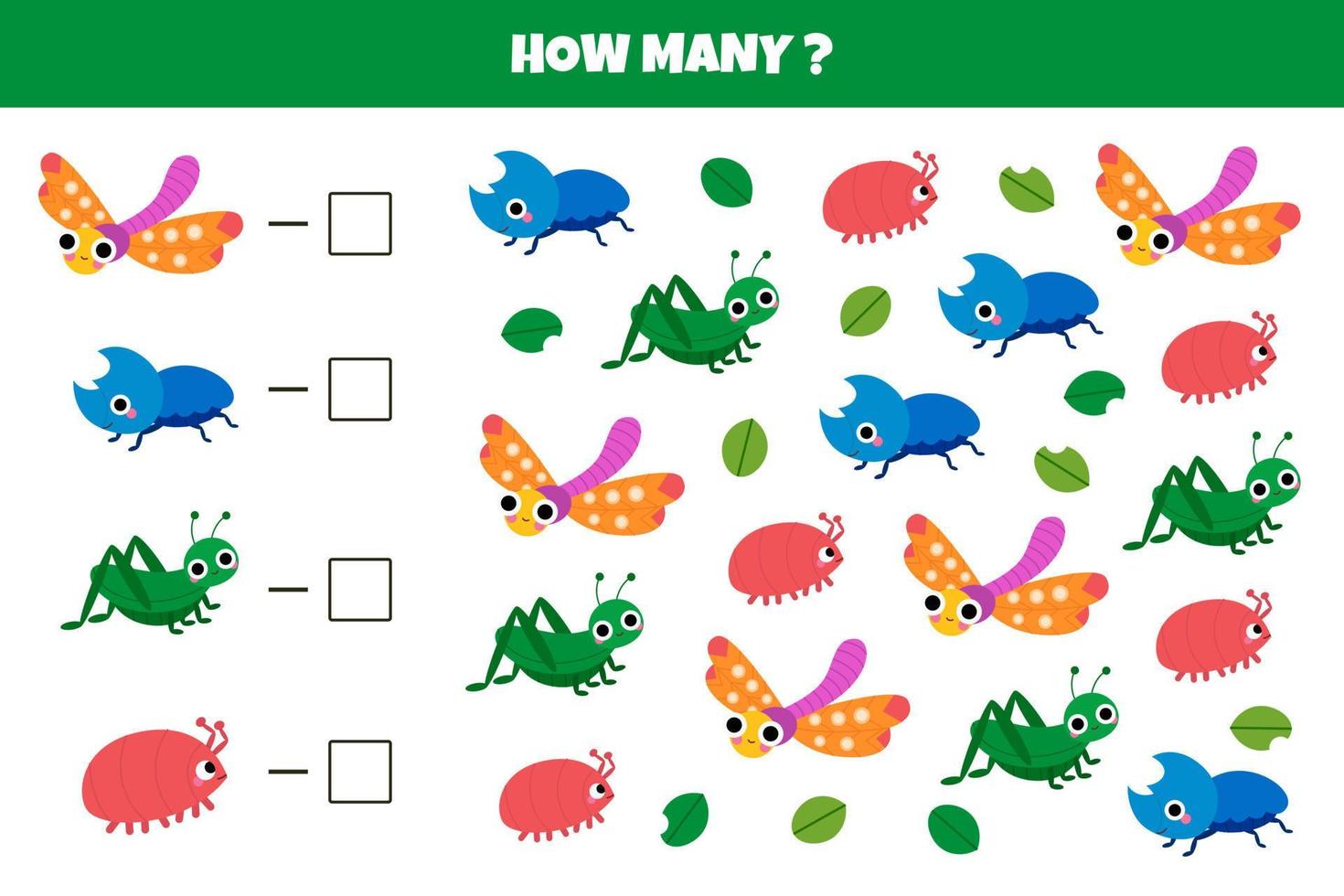 Count how many garden insects for preschool children. Dragonfly, grasshopper, rhinoceros beetle. Education counting game. Write number of bugs. Forest beetle math worksheet. vector