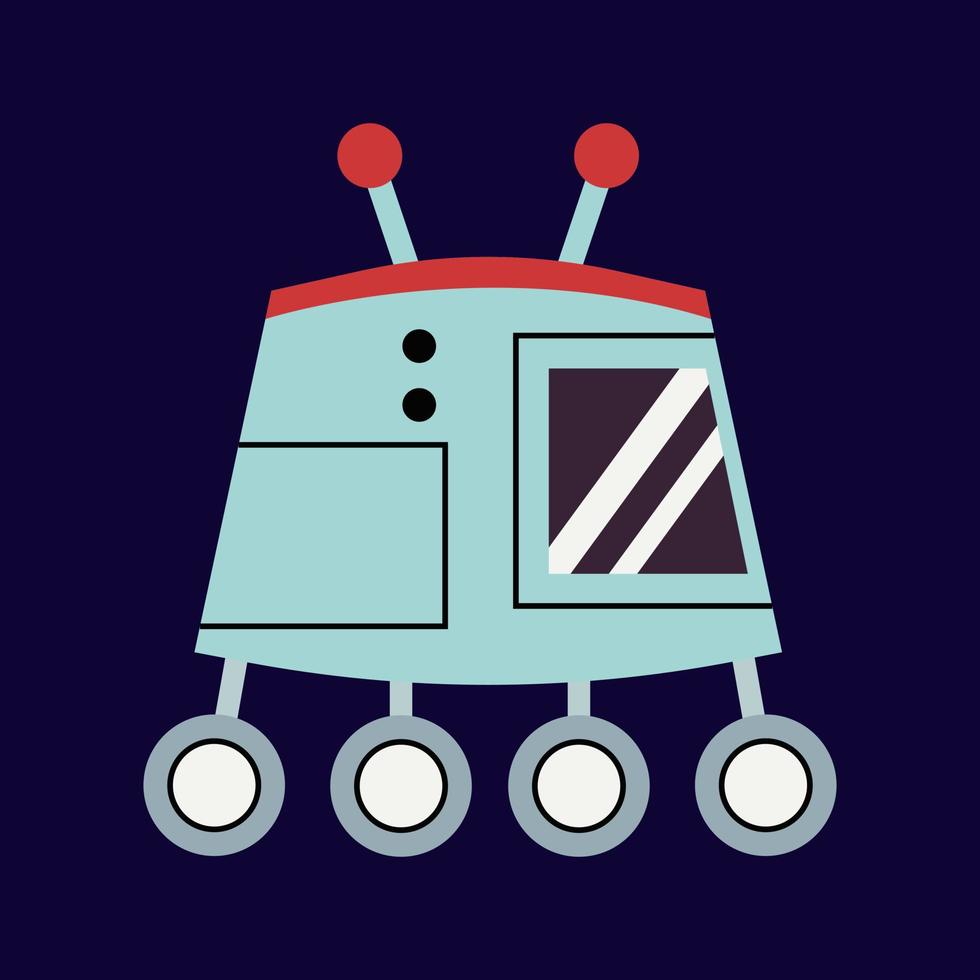 Cute robot sputnik in outer space. Fantastic galaxy, cosmic rocketship, spacecraft in cosmos. Childish universe, space exploration. vector