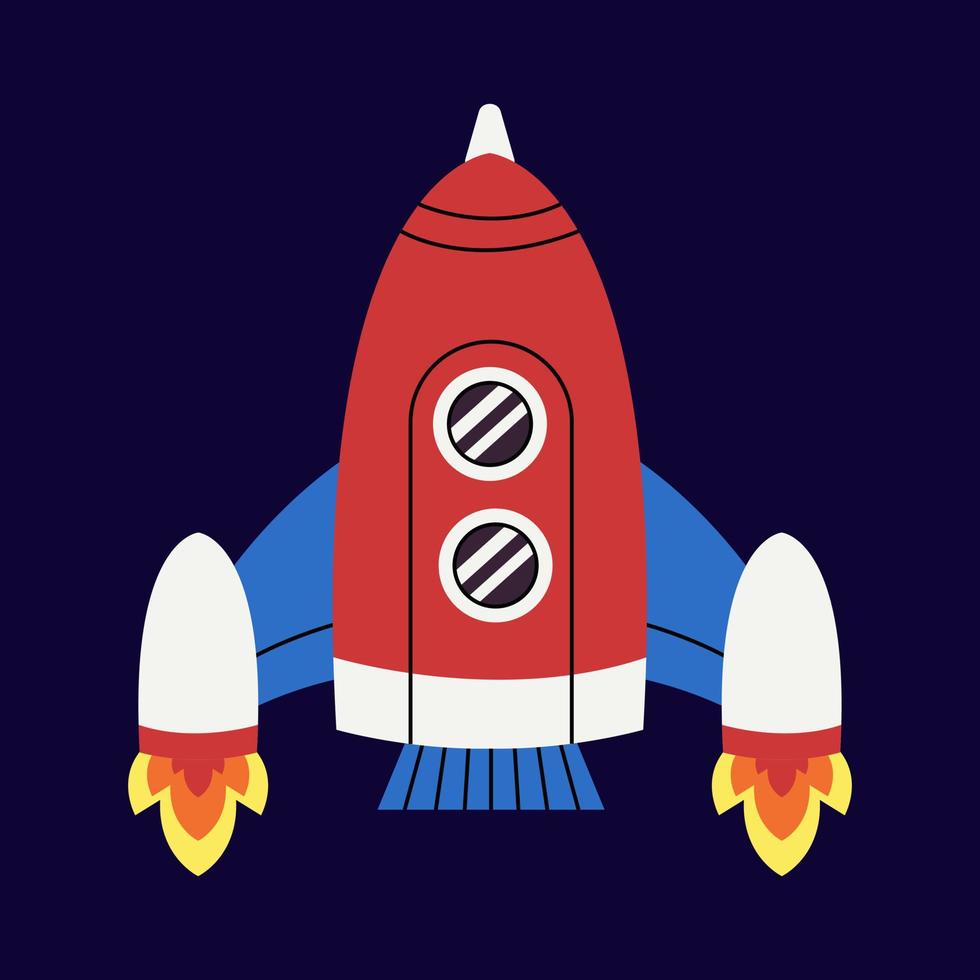 Cute rocket with fire, spaceship in outer space. Fantastic galaxy, cosmic rocketship, spacecraft in cosmos. Childish universe, space exploration. vector