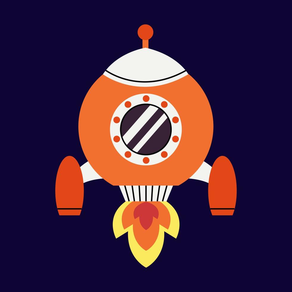 Cute rocket with fire, spaceship in outer space. Fantastic galaxy, cosmic rocketship, spacecraft in cosmos. Childish universe, space exploration. vector