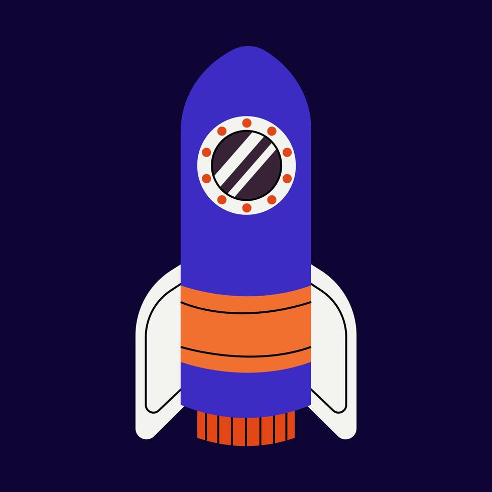 Cute rocket with fire, spaceship in outer space. Fantastic galaxy, cosmic rocketship, spacecraft in cosmos. Childish universe, space exploration. vector